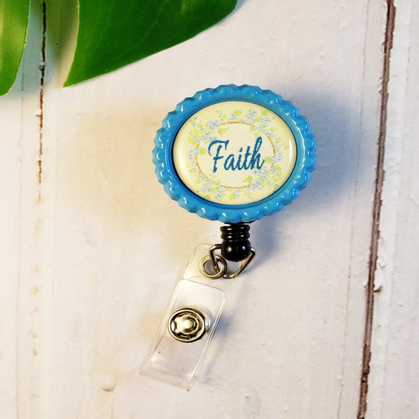 Faith badge reel, professional name tags for teachers and nurses, Velcro topper for retractable ID holder, medical display key cards