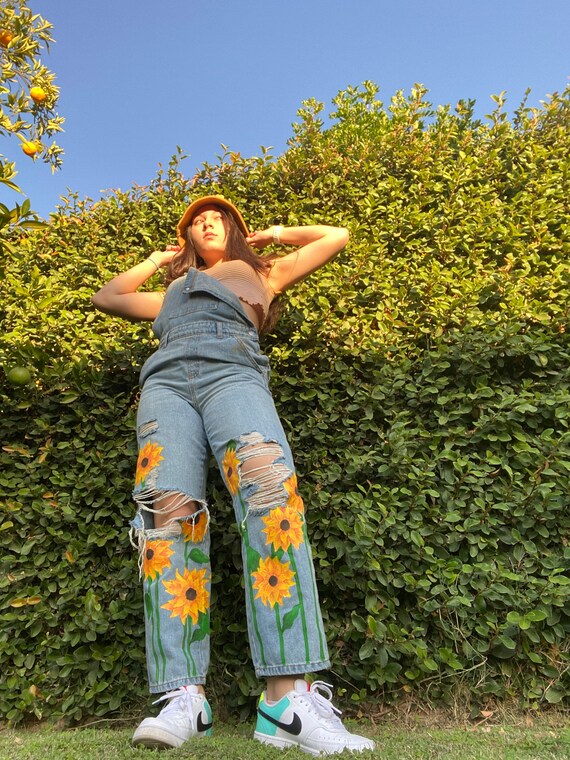 Hand Painted Jeans: Sunflower Overalls 