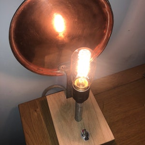 May include: A copper lampshade with a light bulb and a wooden base with an on/off switch. The lamp is on and the light is shining.