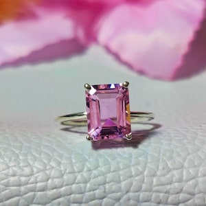 Emerald Cut Morganite Ring: Hidden Halo, Sterling Silver Anniversary Ring