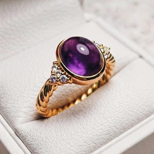 Natural Amethyst Cabochon Ring*18k Gold Amethyst Ring*Oval Purple Gemstone Ring*Handmade Statement Ring*February Birthstone