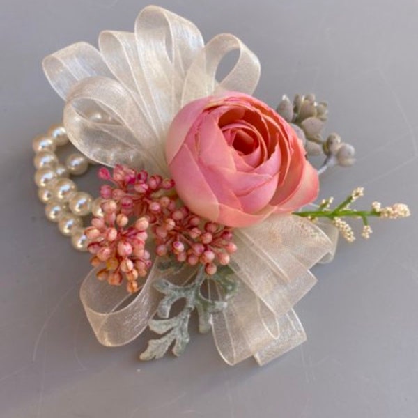 Wrist Corsage, Pinned Peach Corsages, Pink, Boho, Wedding, Pearl Corsage, Rustic Blush Boutonniere, Boutonniere and Corsage set