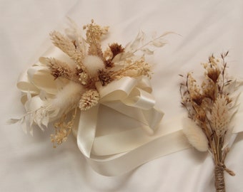 Champagne Flower Corsage, Ivory corsage, Boho Wedding corsage, White boutonniere, Dried Flower boutonniere, Rustic boutonniere set