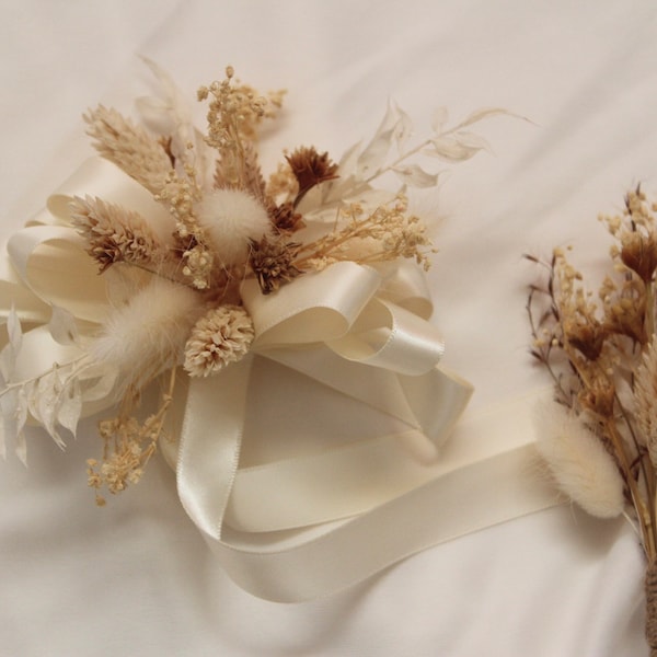 Champagne Flower Corsage, Ivory corsage, Boho Wedding corsage, White boutonniere, Dried Flower boutonniere, Rustic boutonniere set