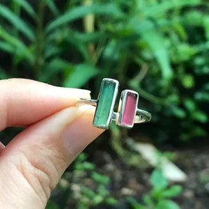 Green and pink tourmaline rings -raw tourmaline jewelry- raw tourmaline ring- gift for her- raw minialist ring for girls- tourmaline ring
