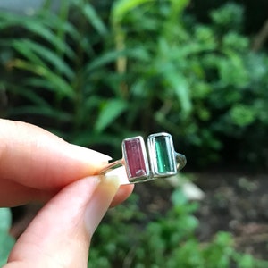 Green and pink tourmaline rings -raw tourmaline jewelry- raw tourmaline ring- gift for her- raw minialist ring for girls- tourmaline ring