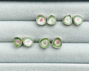 Boucles D'oreilles Clous En Argent Sterling 925 - Tourmaline Pastèque Naturelle Bicolore (8x5mm), Neuf Avec étiquettes
