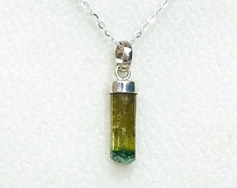 Bicolor Tourmaline Pendant: Raw Crystal Sterling Silver Necklace