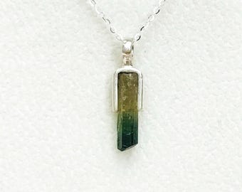 Bicolor Tourmaline Pendant: Raw Crystal Sterling Silver Necklace
