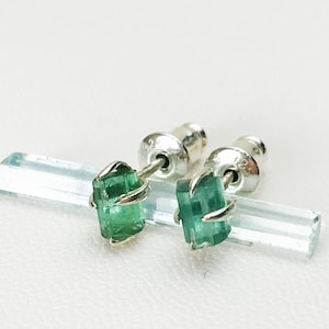 Raw Green Tourmaline Stud Earrings: Sterling Silver Minimalist Jewelry