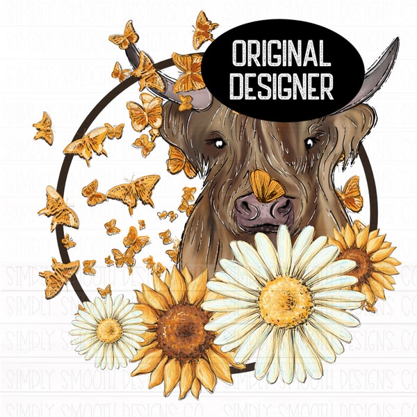 Highland cow sunflowers and daisies original designer