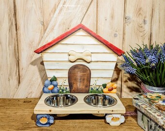 Porta ciotole casetta cuccia, mangiare animali, arredo casa, dog bowl holder