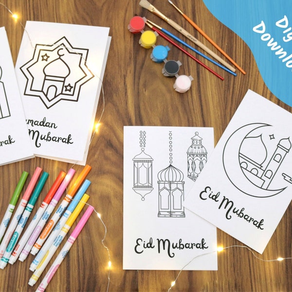 Lot de cartes imprimables DIY pour l'Aïd Ramadan | Cartes de l'Aïd du Ramadan pour enfants | Activité de coloriage pour l'Aïd du Ramadan | Ramadan Eid Cartes de voeux