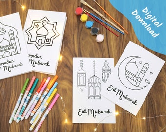 Lot de cartes imprimables DIY pour l'Aïd Ramadan | Cartes de l'Aïd du Ramadan pour enfants | Activité de coloriage pour l'Aïd du Ramadan | Ramadan Eid Cartes de voeux