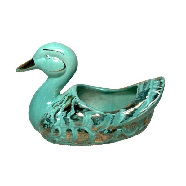 Vintage Mid Century Duck Planter Turquoise Aqua Gold USA Pottery 7 x 4.5 In