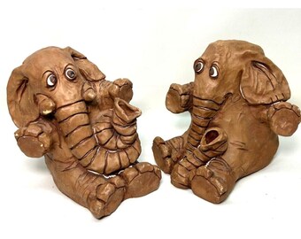 Vintage Elephant Bookends by Dave Grossman Designs 1978 brown clay