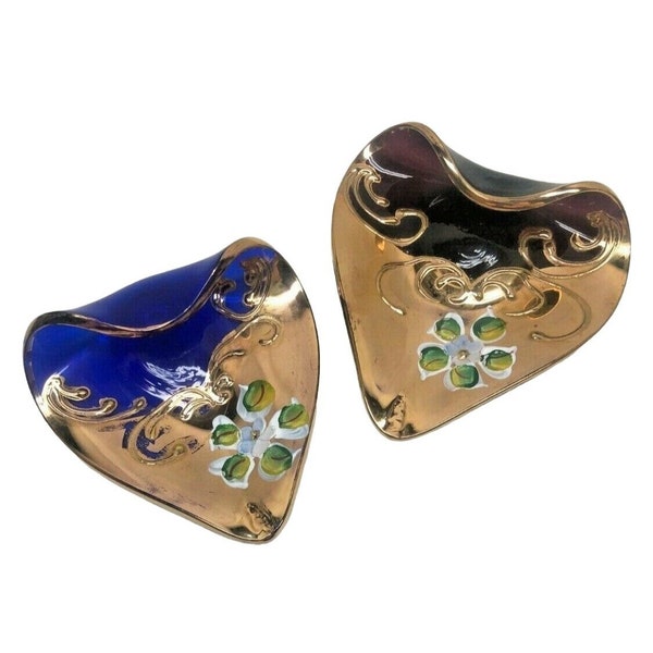 Murano Art Glass Heart Ash Tray Trinket Dish Blue Purple Hand Painted Gold Set 2