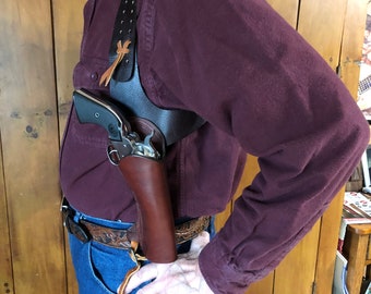 Handmade Leather Shoulder Holster, right hand, Fits single action, small frame revolver. Old West, Bridle Leather, Made in USA