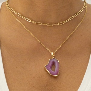 Pink Geode Layering Necklace | Agate Pendant Slice Jewelry | Boho Jewelry | 14K Gold Plated Double Chains | Holiday Gift Idea for Her