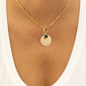 Circle Charm Necklace | Druzy Necklace | Paperclip 14K Gold Filled Link Necklace | Coin Blank Pendant | Toggle Clasp | Unique Jewelry