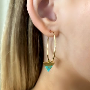 Turquoise Triangle Hoop Earrings or White Howlite Triangle Charm Hoop Earrings | 14k Gold Filled Endless Hoops