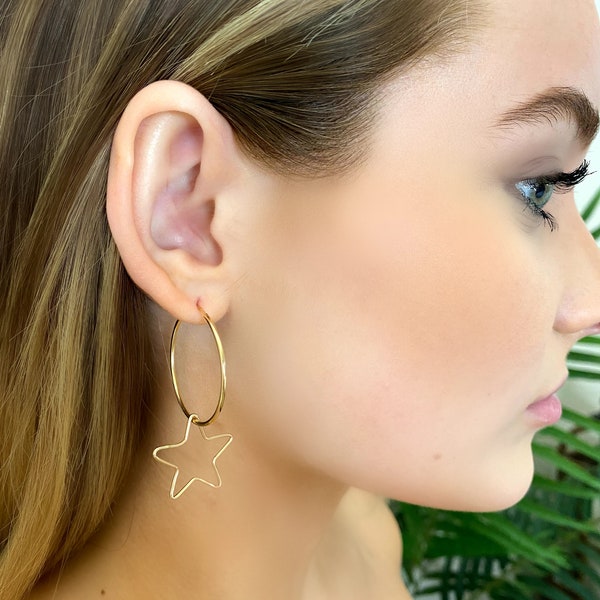 Star Hoop Earrings | 14K Gold Hoop Earrings | Celestial Jewelry