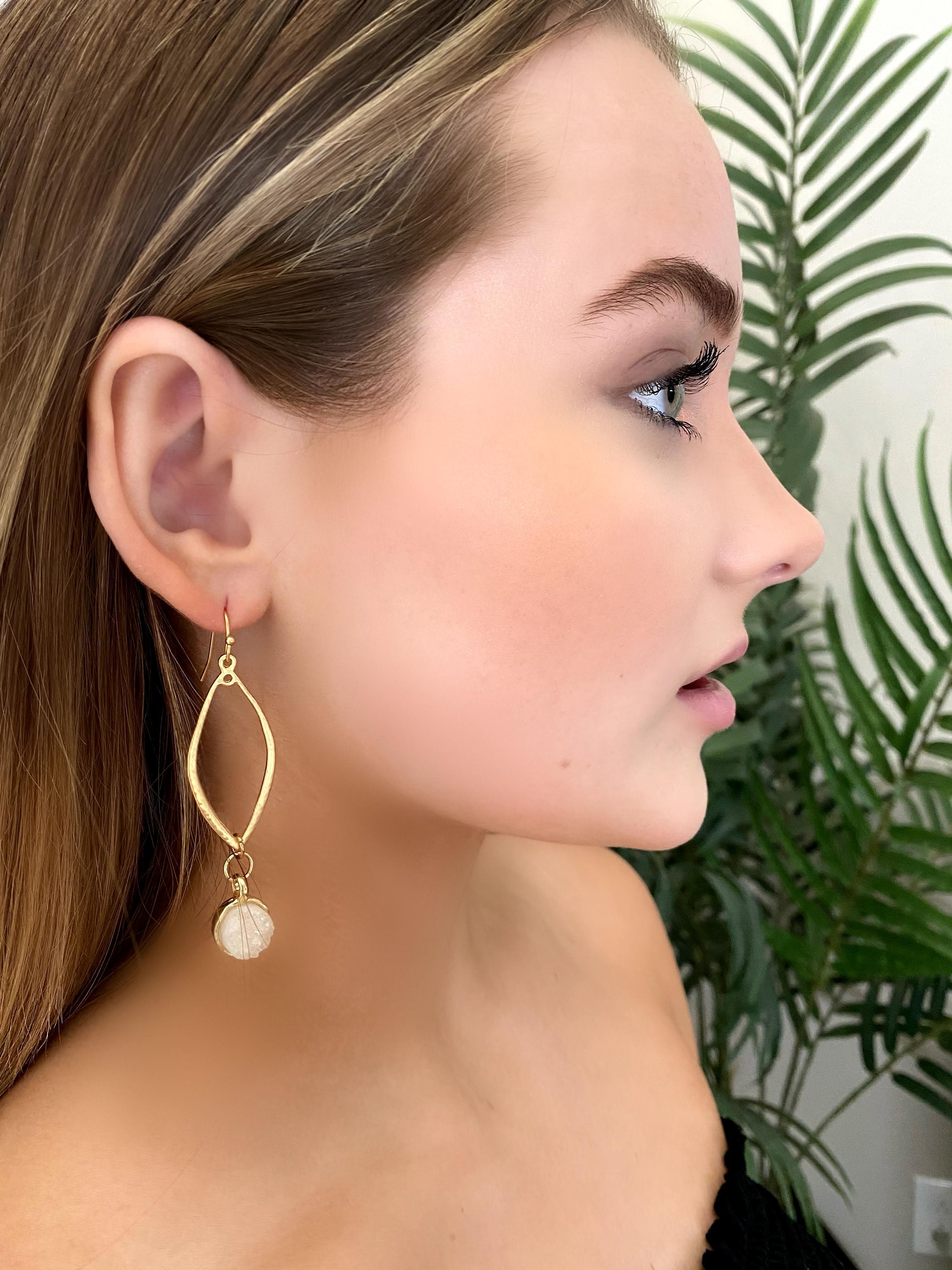 Elegant White Stone Druzy Drop Earrings 14K Gold Plated Etsy