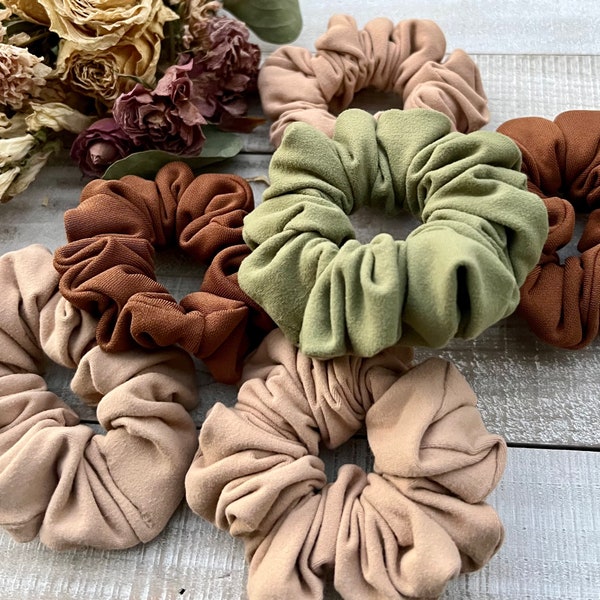 Earth Tone Hair Scrunchies | Handmade Hair Scrunchies | Forest Green, Brown, & Tan