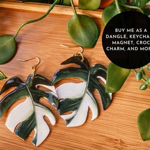 Monstera Deliciosa 'Albo Variegata' Watercolor-Style: Rare Houseplant Earrings, Fridge Magnet, Gold Keychain, Plant Pin, Wall Hanging