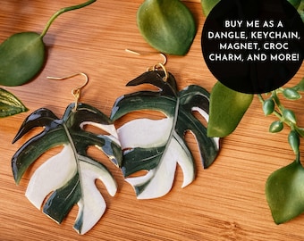 Monstera Deliciosa 'Albo Variegata' Watercolor-Style: Rare Houseplant Earrings, Fridge Magnet, Gold Keychain, Plant Pin, Wall Hanging