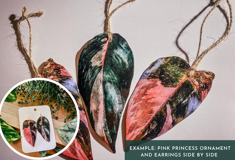 May include: Pink Princess plant leaf ornaments and earrings. The ornaments are made of polymer clay and feature a realistic pink and green leaf design. The earrings are also made of polymer clay and feature a similar design. The text "EXAMPLE: PINK PRINCESS ORNAMENT AND EARRINGS SIDE BY SIDE" is visible at the bottom of the image.