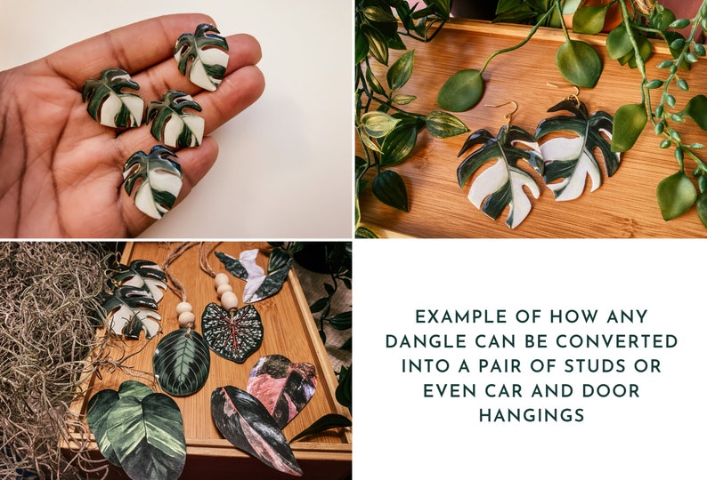 May include: A set of green and white leaf-shaped earrings with gold hooks. The earrings are shown on a wooden surface with a green plant in the background. The text "EXAMPLE OF HOW ANY DANGLE CAN BE CONVERTED INTO A PAIR OF STUDS OR EVEN CAR AND DOOR HANGINGS" is shown below the earrings.