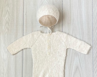 RTS! Off White 3 month knitted  Romper and Bonnet, Baby photo props, photography props, fluffy alpaca  Italian yarn