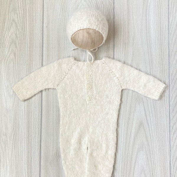 RTS! Off White 3 month knitted  Romper and Bonnet, Baby photo props, photography props, fluffy alpaca  Italian yarn