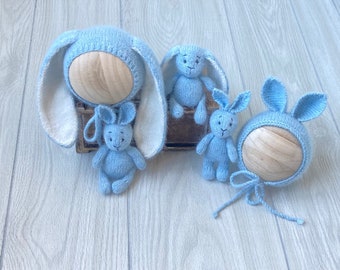 RTS! Light blue Knitted Easter bunny set, Newborn bunny bonnet, bunny toys, Bunny props , Newborn props toy, Easter props