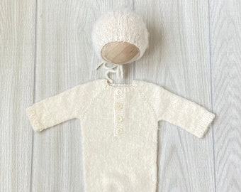 RTS! Off White Newborn knitted  Romper and Bonnet, Newborn photo props, photography props, fluffy alpaca and merino Italian yarn