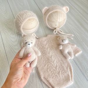 RTS! Light Beige Newborn knitted Teddy bear bonnet,Teddy bear toy,Romper,Bonnet angora,Newborn photo props,Fuzzy bear outfit,Footless romper