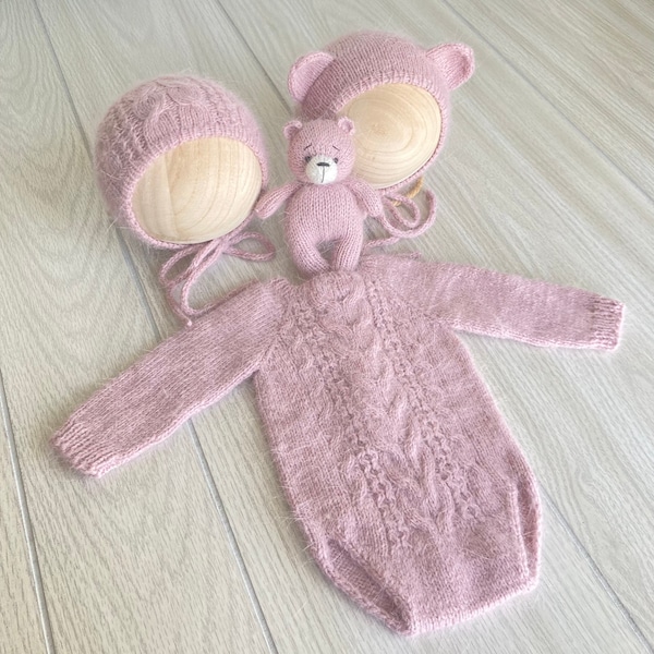 RTS!Dusty pink Newborn knitted Teddy bear bonnet, Teddy bear toy, Romper, Bonnet angora.Newborn photoprops.Fuzzy bear outfit.Footless romper