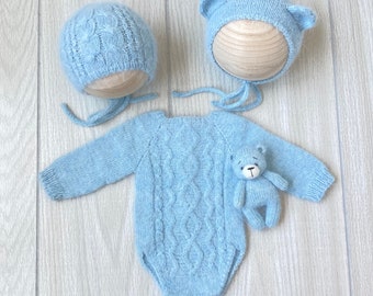 RTS! Baby blue Newborn knitted Teddy bear bonnet, Teddy bear toy, Romper, Bonnet angora, Newborn photography, bear set, Footless romper