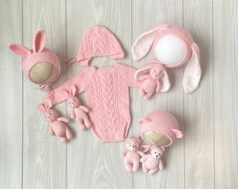 Newborn Knitted Teddy Bear and Bunny Photography Prop Set, Light Pink Mink Wool