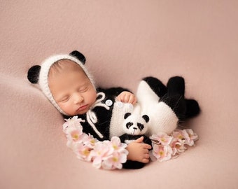 RTS! Newborn knitted panda footed romper, bonnet and toy. Newborn photo props,  knitted outfit with long sleave. Black white sleeper