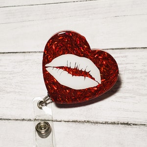 Heart Badge Holder; Nurse Badge Reel, Badge Buddy, Valentine Badge Reel, Red Glitter Lips Badge Holder, Resin Badge Holder, Retractable