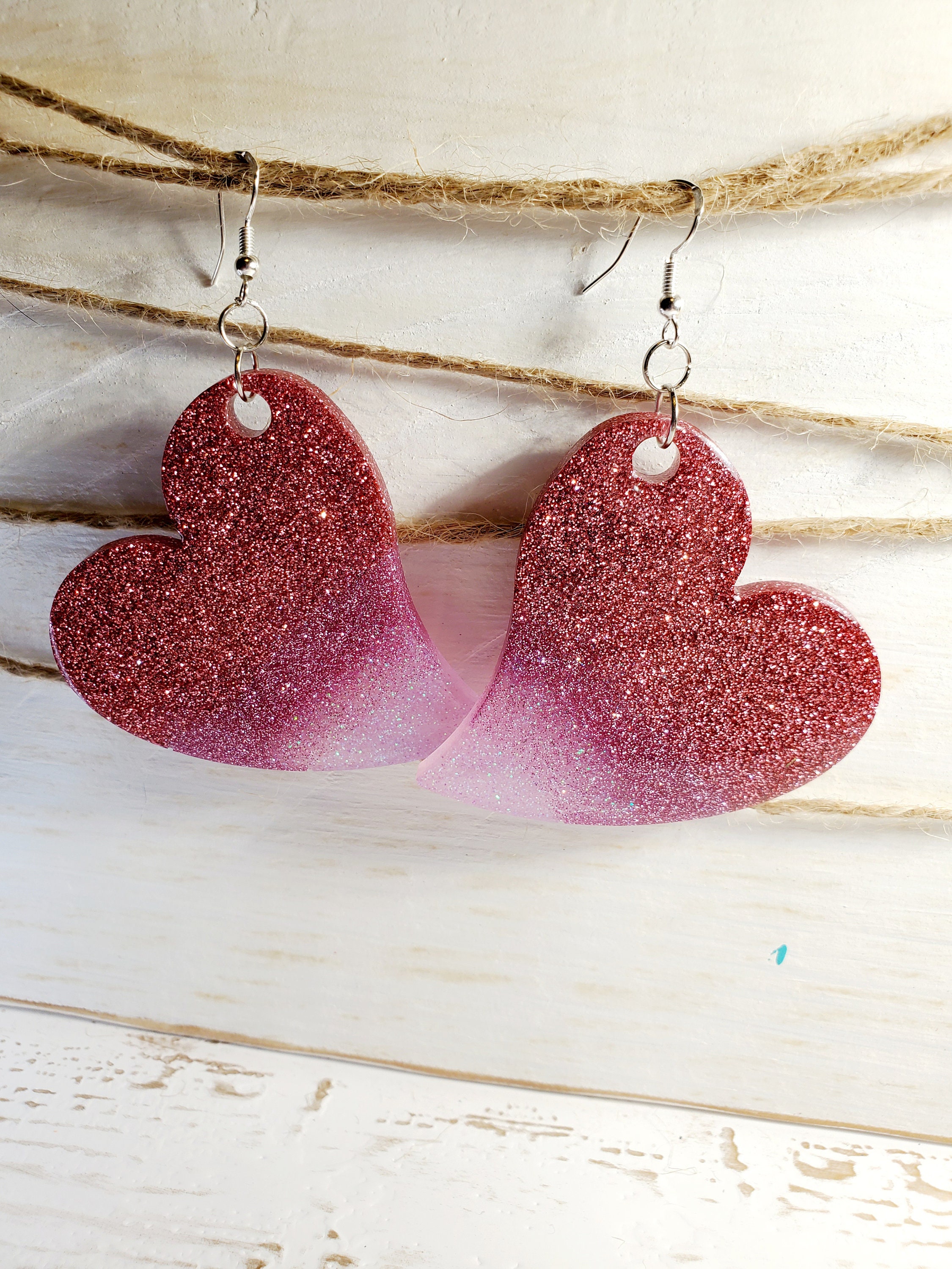 Big Heart Earrings Pink Ombre Heart Earrings Statement Earrings Valentines Jewelry Valentines Day gift for her Glitter Heart Resin
