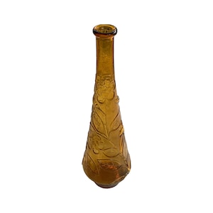 Vintage MCM Empoli Italian Art Glass Amber Floral Flowers Genie Bottle Decanter