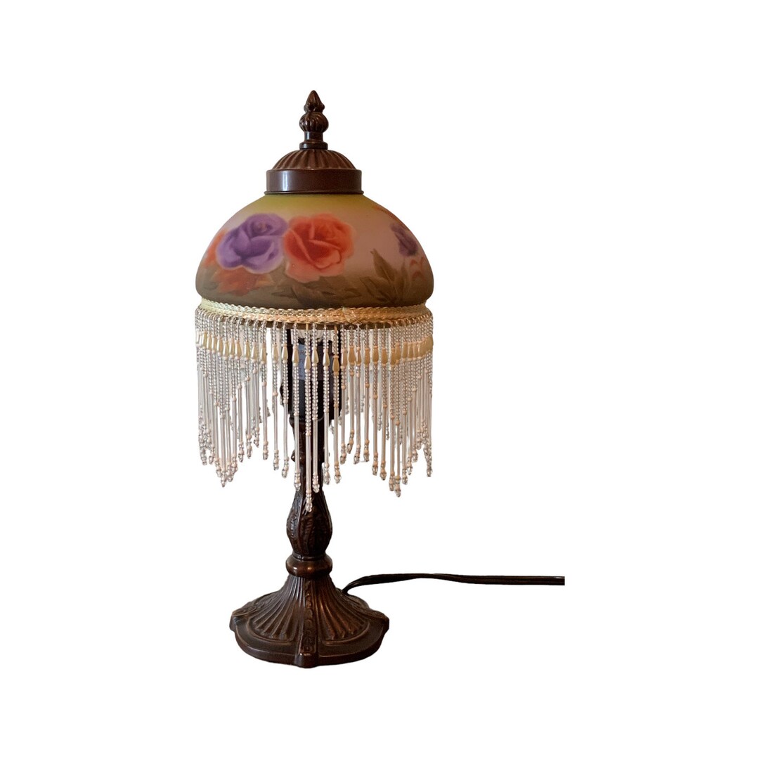 Stunning Vintage Fringe Beaded Lamp Frosted Glass Hand Painted Table