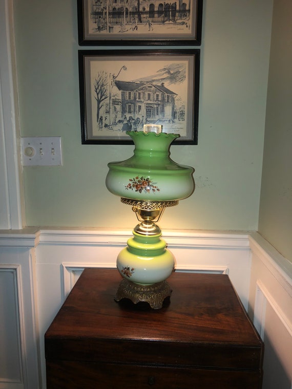 Vintage Green Floral Hurricane Lamp Etsy
