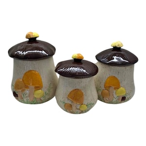 Vintage Ceramic Merry Mushroom Canister Set of 3