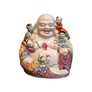 Vintage Figurine Chinese Porcelain Famille Rose Hotei Laughing Happy Buddha with 5 Children Figurine