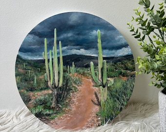 Cacti Corridor. Original Acrylic Painting. 14x14” Round Canvas.