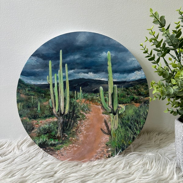 Cacti Corridor. Original Acrylic Painting. 14x14” Round Canvas.